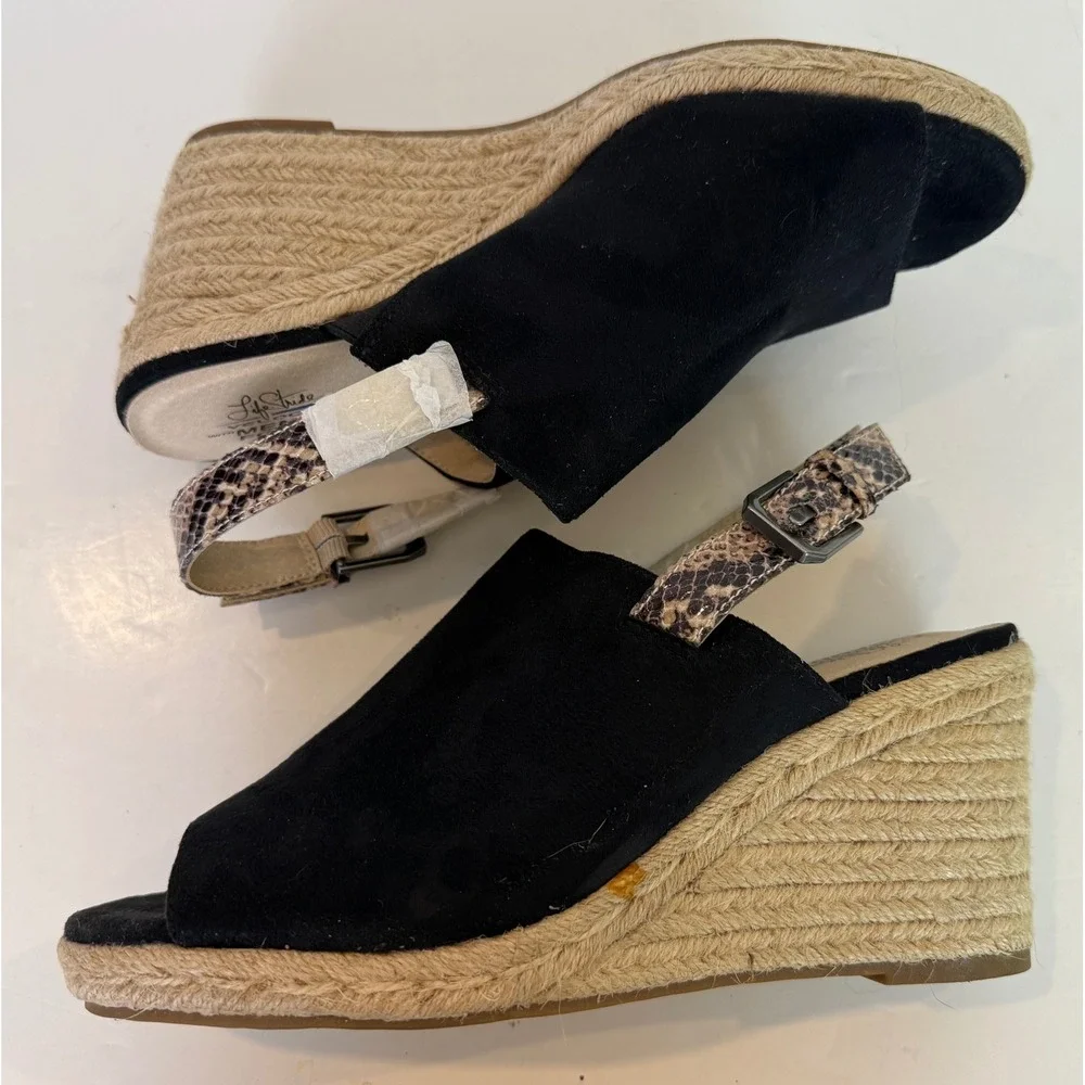 LifeStride Trina Wedge Sandal Black Suede Upper Snakeskin-Print Slingback Sz 9.5